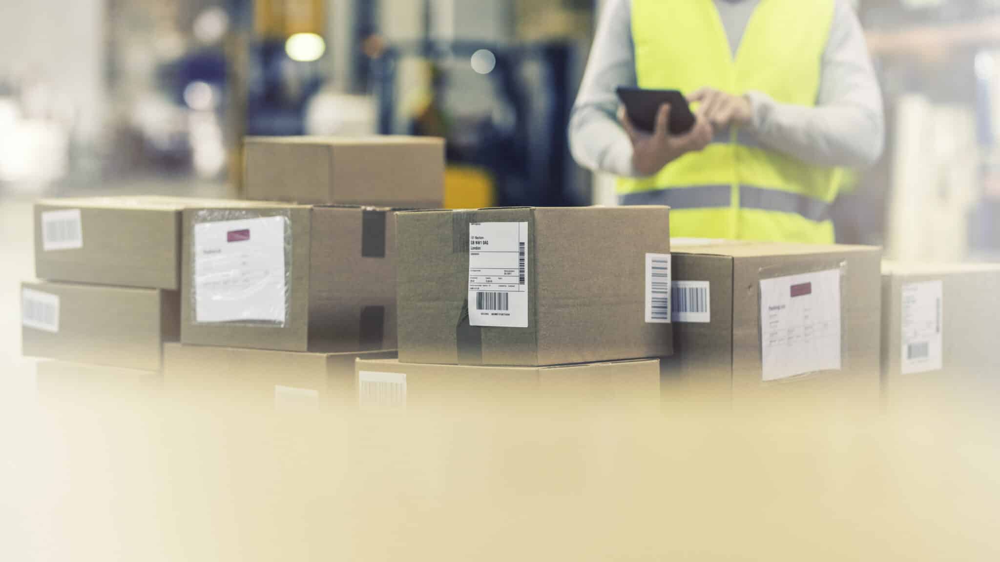 Unrecognizable quality inspector in a reflective vest with a digital tablet examining a stack of boxes in a warehouse.